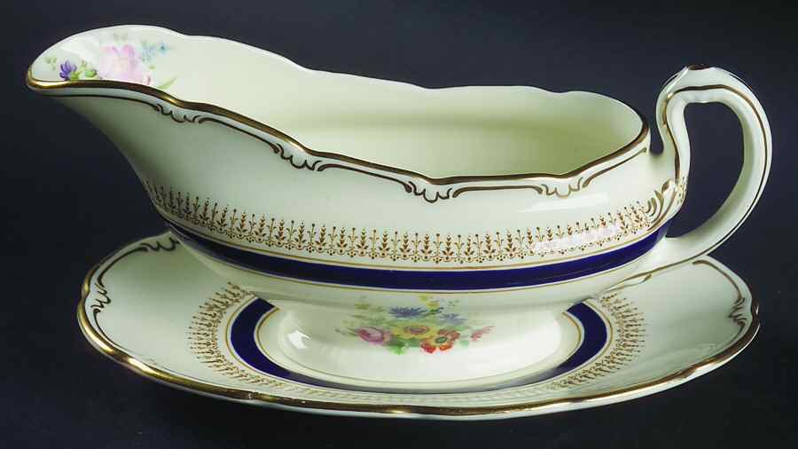 Ascot Blue (Floral Center) Gravy Boat & Underplate by Royal Doulton-1