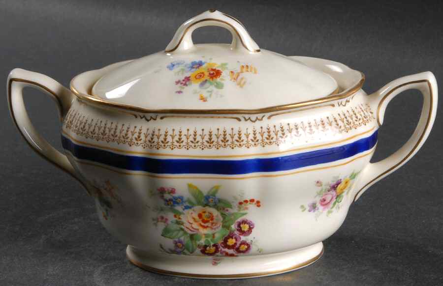 Ascot Blue (Floral Center) Sugar Bowl & Lid by Royal Doulton-1