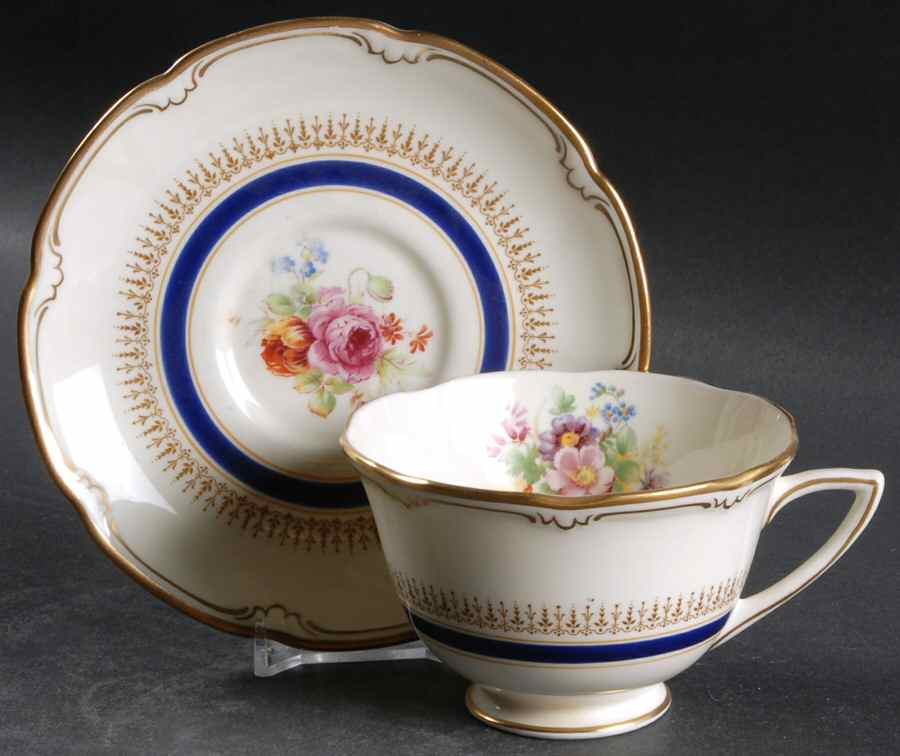 Ascot Blue (Floral Center) Footed Cup & Saucer Set by Royal Doulton-1