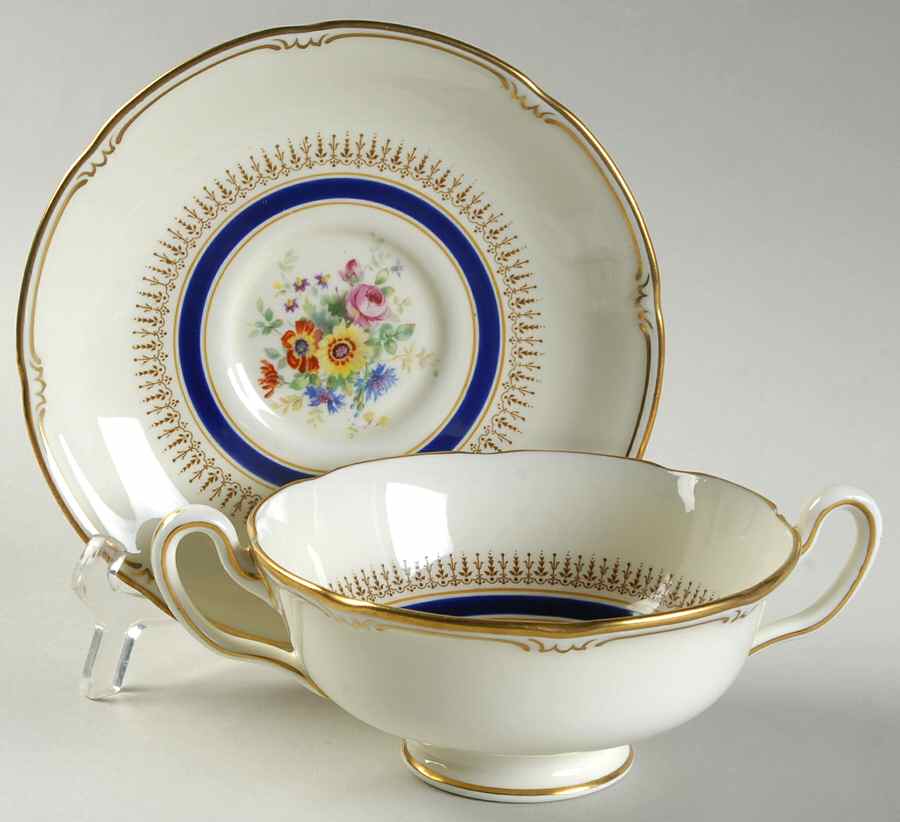 Ascot Blue (Floral Center) Footed Cream Soup Bowl & Saucer Set by Royal Doulton-1