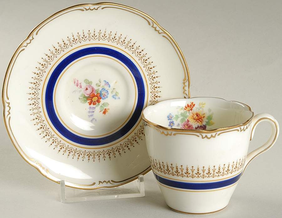 Ascot Blue (Floral Center) Flat Demitasse Cup & Saucer Set by Royal Doulton-1