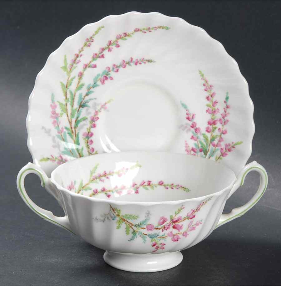 Bell Heather (Scalloped, No Trim) Footed Cream Soup Bowl & Saucer Set by Royal Doulton-1