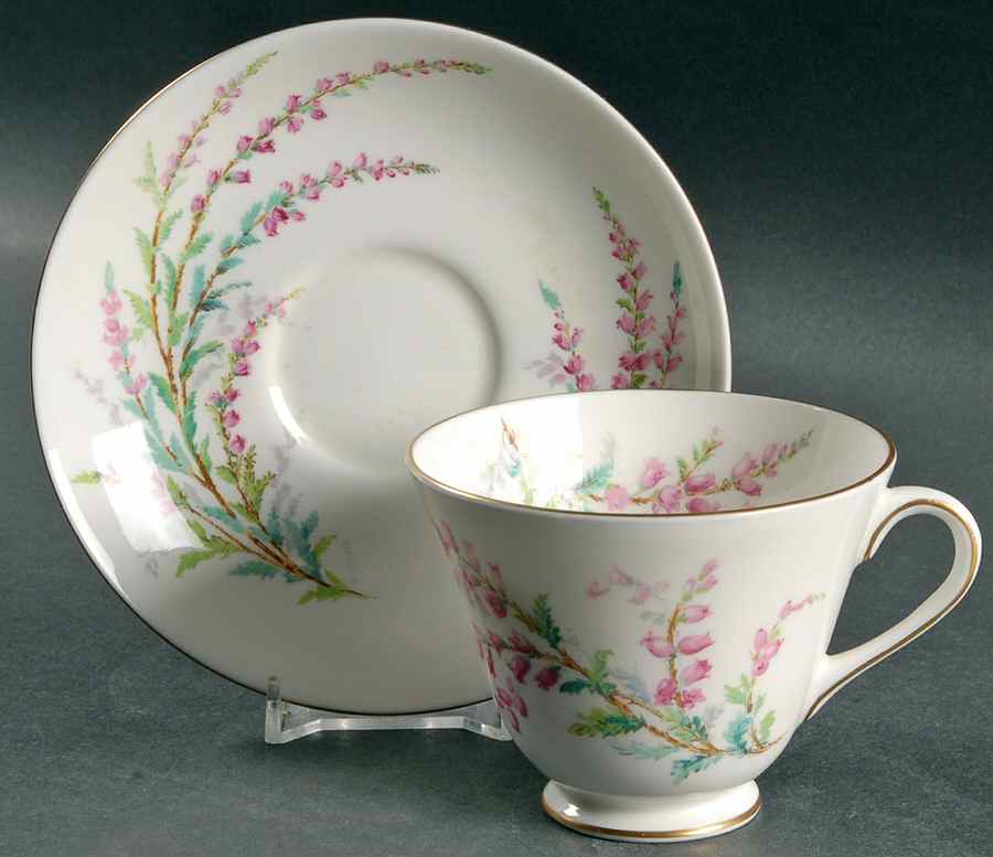 Bell Heather (Smooth, Gold Trim) Footed Cup & Saucer Set by Royal Doulton-1