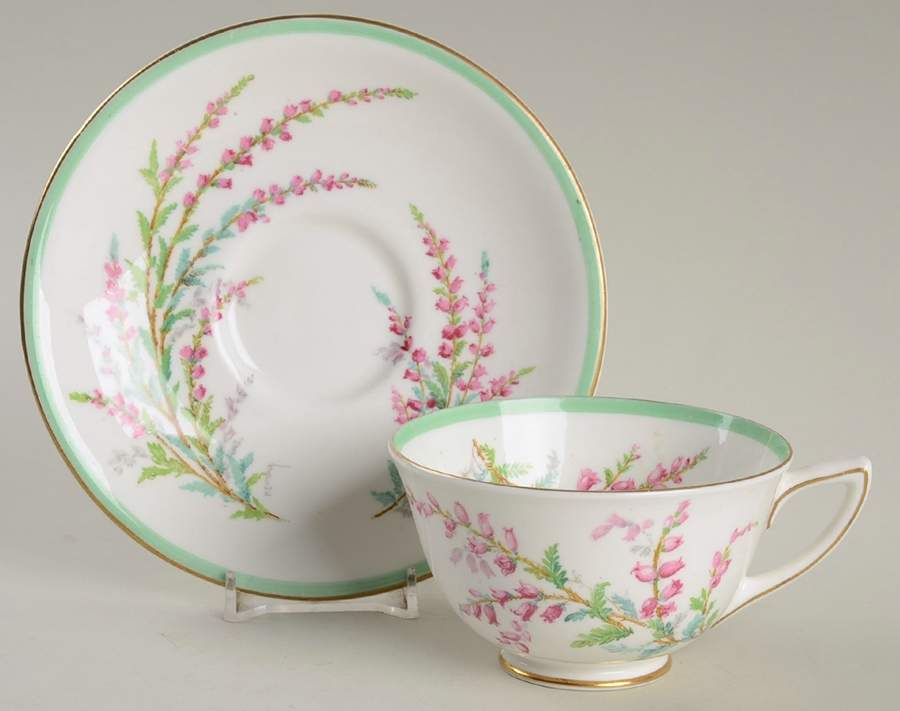 Bell Heather (Green Band, Gold Trim) Footed Cup & Saucer Set by Royal Doulton-1