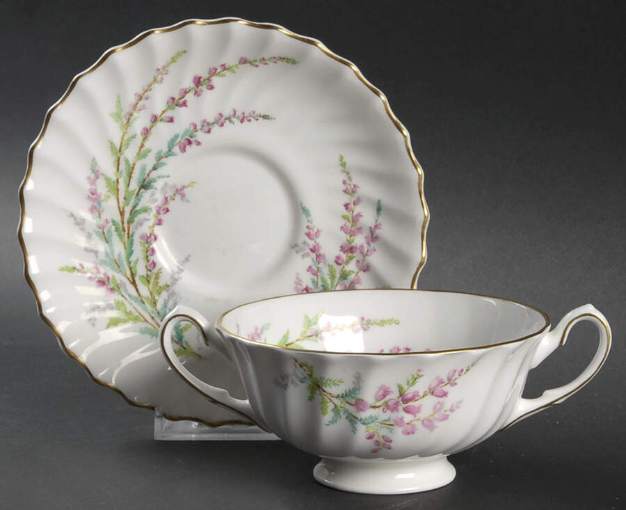 Bell Heather (Scalloped, Gold Trim) Footed Cream Soup Bowl & Saucer Set by Royal Doulton-1