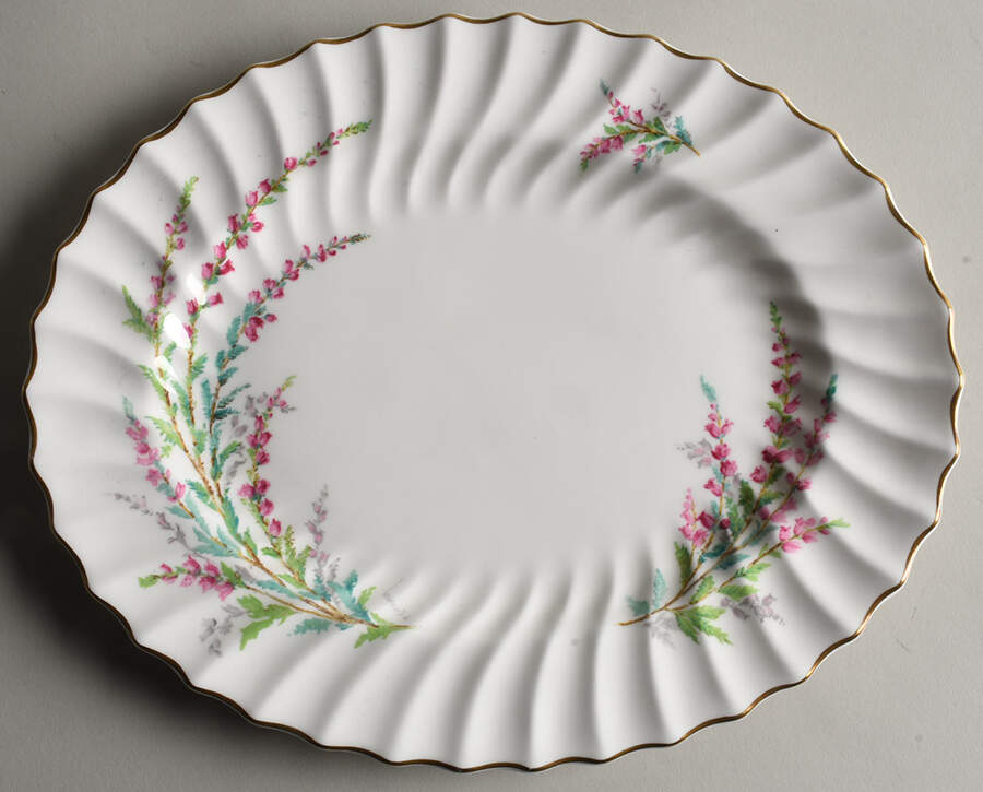 Bell Heather (Scalloped, Gold Trim) 11" Oval Serving Platter by Royal Doulton-1