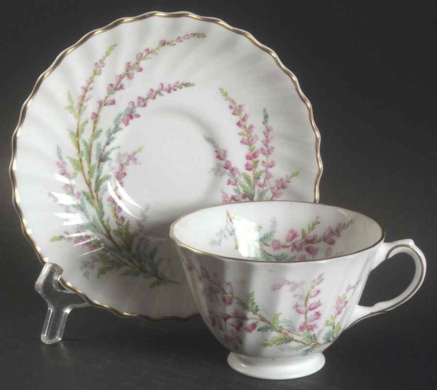 Bell Heather (Scalloped, Gold Trim) Footed Cup & Saucer Set by Royal Doulton-1