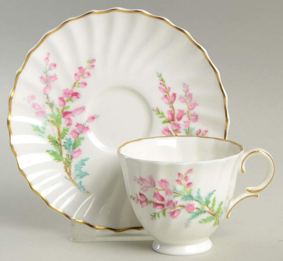 Bell Heather (Scalloped, Gold Trim) Footed Demitasse Cup & Saucer Set by Royal Doulton-1