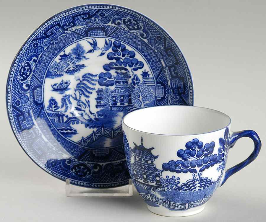 Blue Willow (Flow Blue) Flat Cup & Saucer Set by Royal Doulton-1