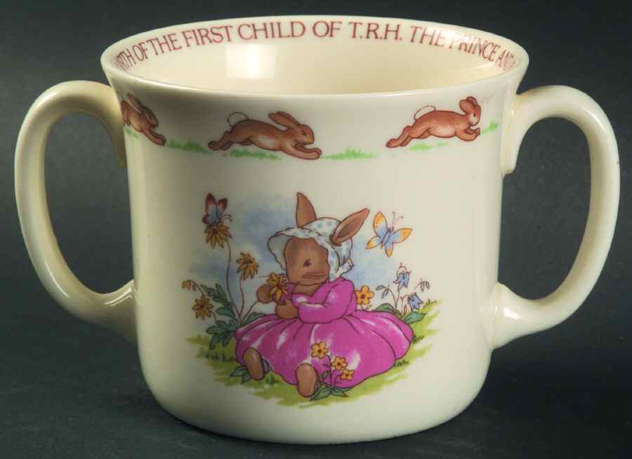 Bunnykins (Albion Shape) 2 Hd Commemorative Mug-First Child of TRH 1982 by Royal Doulton-1