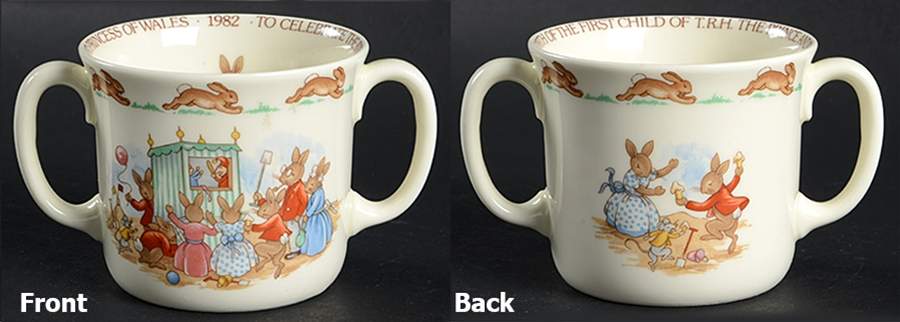 Bunnykins (Albion Shape) 2 Hd Commemorative Mug-First Child of TRH 1982 by Royal Doulton-1
