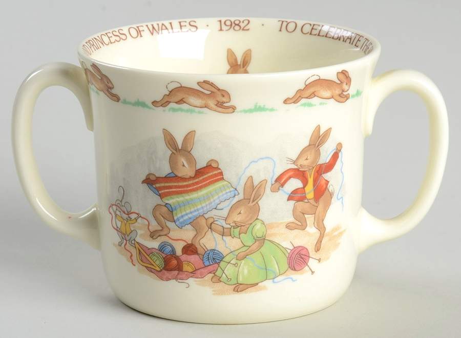 Bunnykins (Albion Shape) 2 Hd Commemorative Mug-First Child of TRH 1982 by Royal Doulton-1