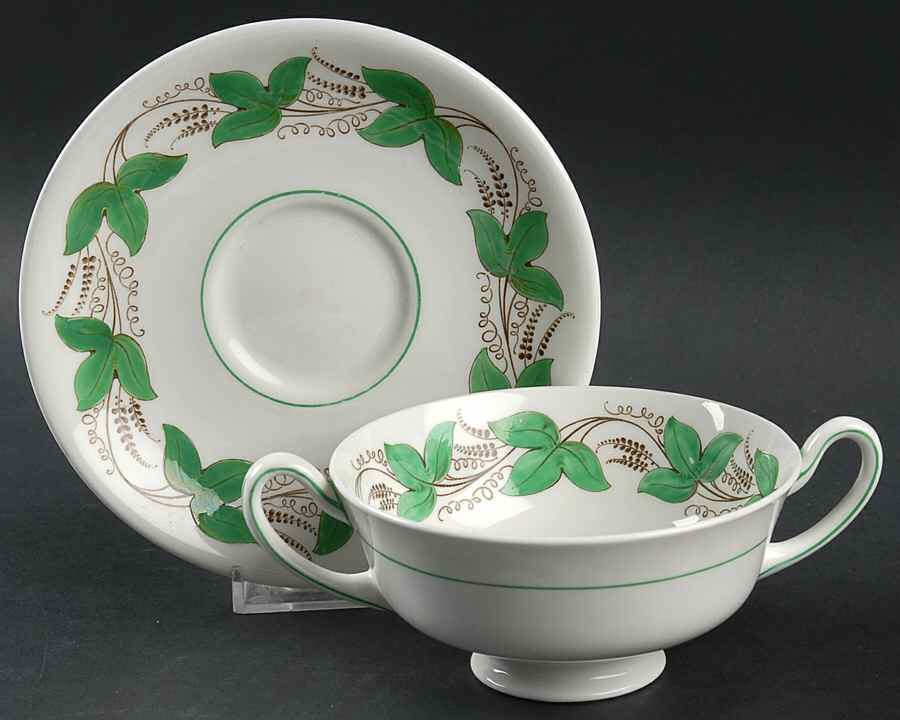 Castleford Green (Green Ivy) Footed Cream Soup Bowl & Saucer Set by Royal Doulton-1