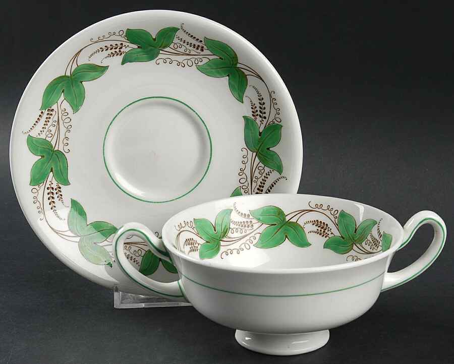 Castleford Green (Green Ivy) Footed Cream Soup Bowl & Saucer Set by Royal Doulton-1