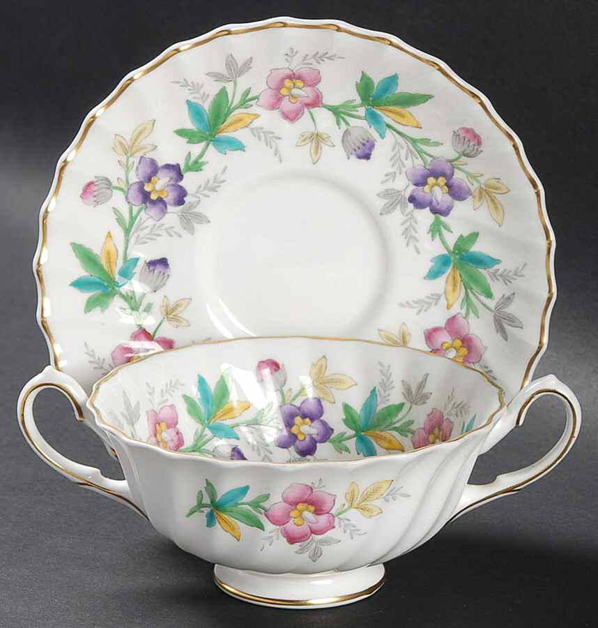 Chatsworth Pink Purple Footed Cream Soup Bowl & Saucer Set by Royal Doulton-1