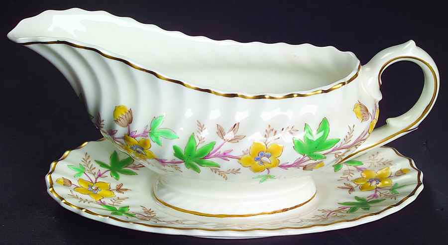 Chatsworth Yellow Green Gravy Boat with Attached Underplate by Royal Doulton-1
