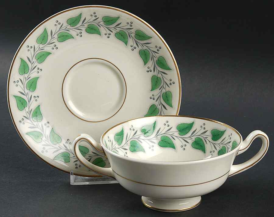 Coventry Green (Green Leaves) Footed Cream Soup Bowl & Saucer Set by Royal Doulton-1