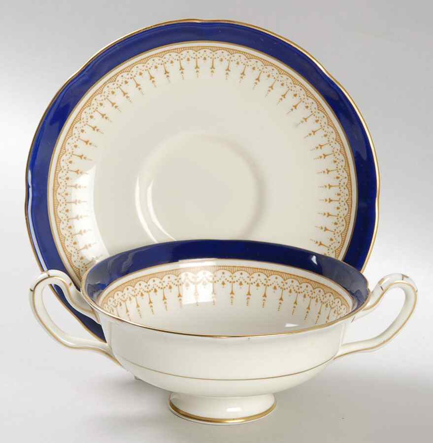 Duke of York Blue (No Rose Center) Footed Cream Soup Bowl & Saucer Set by Royal Doulton-1
