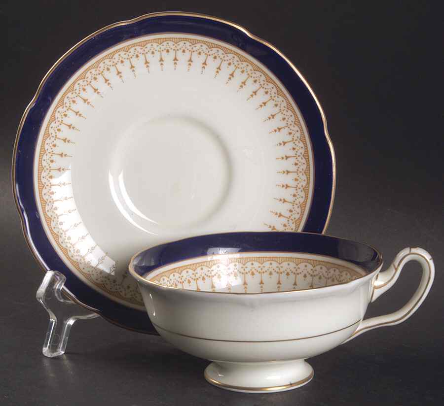 Duke of York Blue (No Rose Center) Footed Cup & Saucer Set by Royal Doulton-1