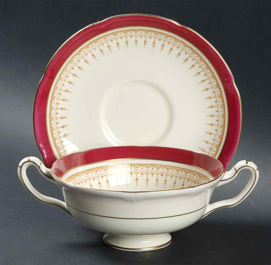 Duke of York Maroon (V1681, Scalloped) Footed Cream Soup Bowl & Saucer Set by Royal Doulton-1