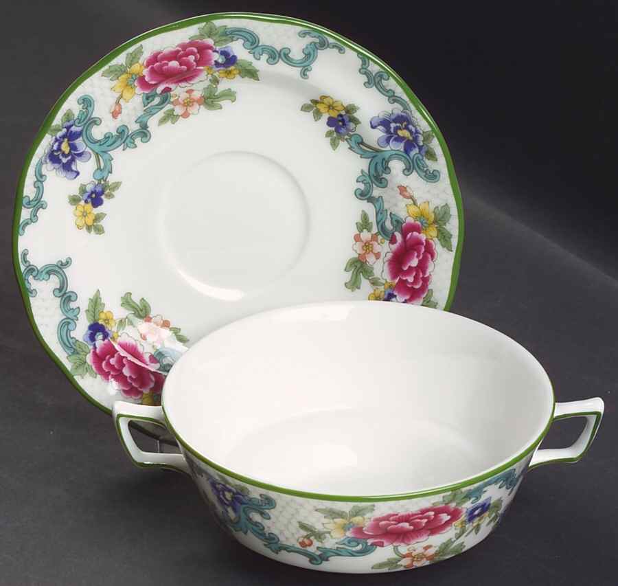 Floradora Green Flat Cream Soup Bowl & Saucer Set by Royal Doulton-1