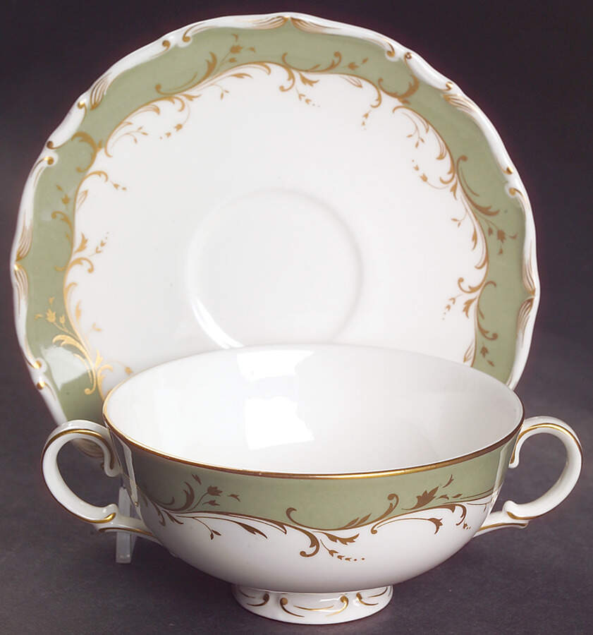 Fontainebleau Green Footed Cream Soup Bowl & Saucer Set by Royal Doulton-1