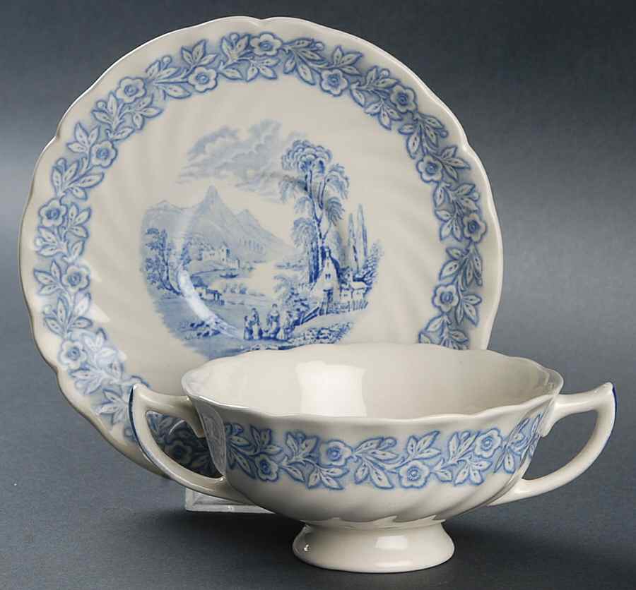 Geneva  Blue (Scalloped) Footed Cream Soup Bowl & Saucer Set by Royal Doulton-1