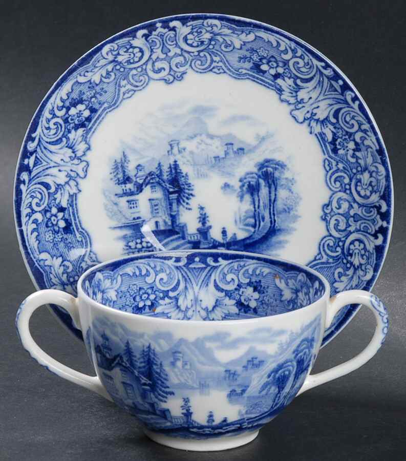 Geneva (Flow Blue) Flat Bouillon Cup & Saucer by Royal Doulton-1