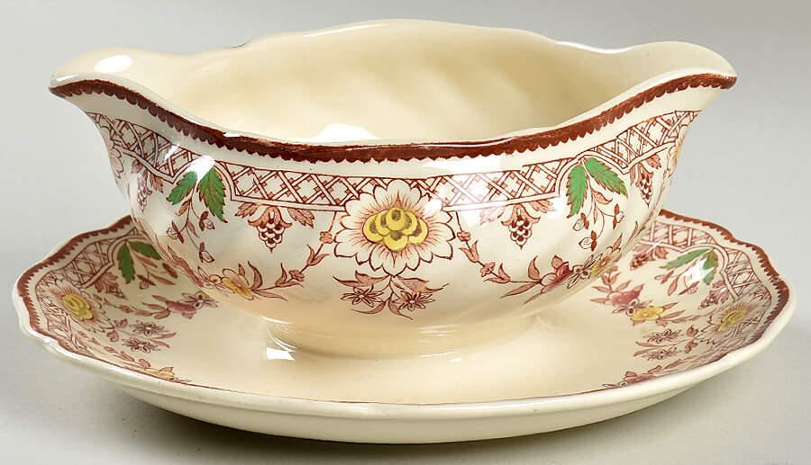 The Glendale Brown Multicolor Gravy Boat with Attached Underplate by Royal Doulton-1