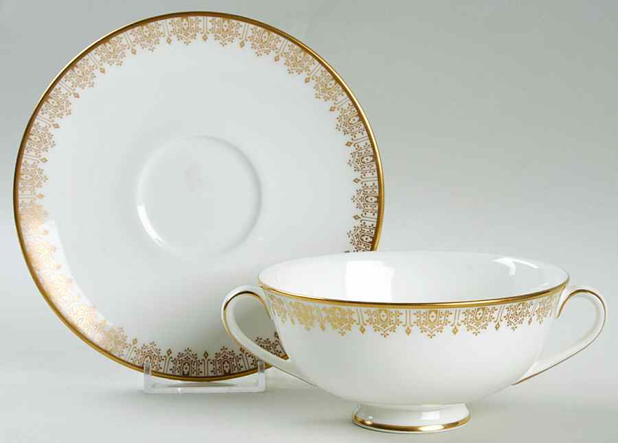 Gold Lace Footed Cream Soup Bowl & Cup Saucer Set by Royal Doulton-1