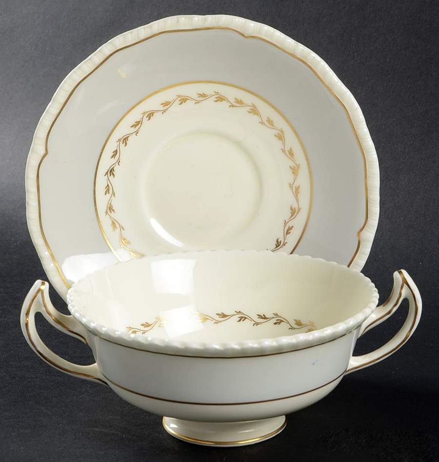 Gray Rim Footed Cream Soup Bowl & Saucer Set by Royal Doulton-1