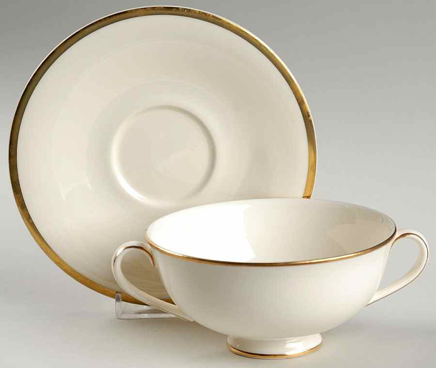 Heather (Gold Trim, Albion Shape) Footed Cream Soup Bowl & Cup Saucer Set by Royal Doulton-1