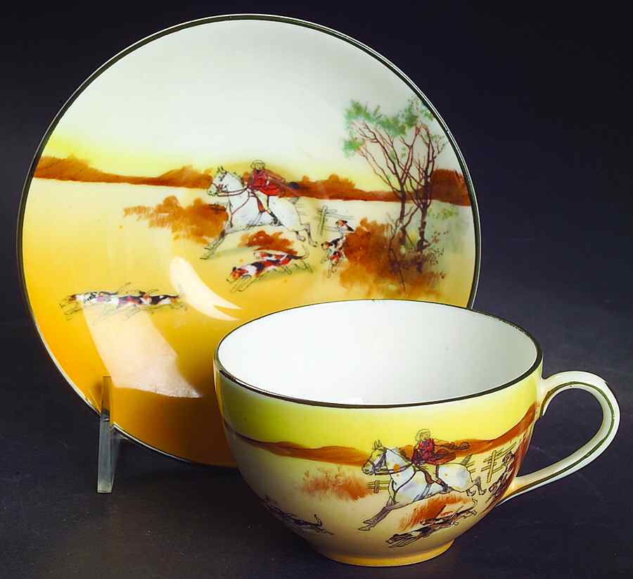 Hunting (John Peel, Bone) Flat Cup & Saucer Set by Royal Doulton-1