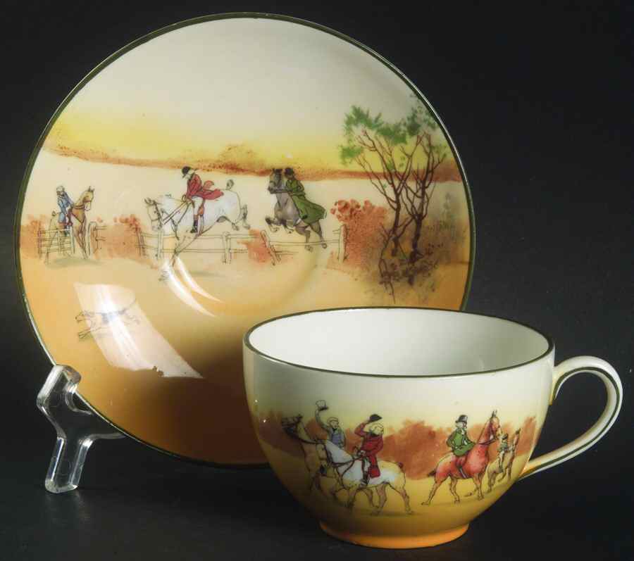 Hunting (John Peel, Bone) Flat Cup & Saucer Set by Royal Doulton-1