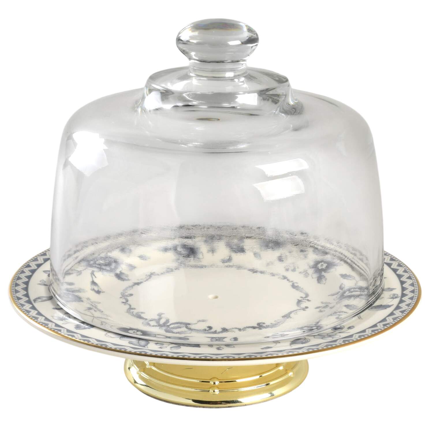 Josephine (Smooth, Gold Trim) 6 1/2"-7 1/2" Footed Cheese Plate w/ Glass Dome HC by Royal Doulton-1