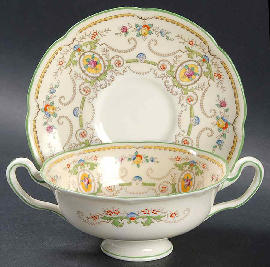 The Kendal (No Scene Center) Footed Cream Soup Bowl & Saucer Set by Royal Doulton-1