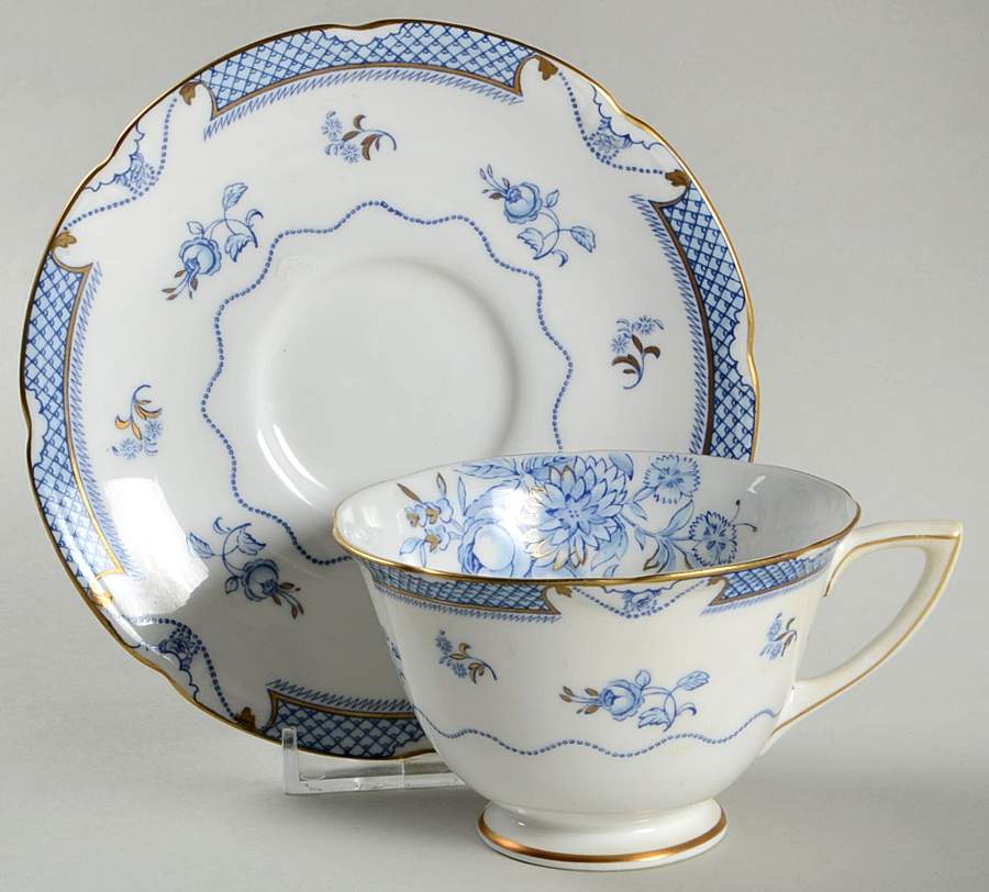 Lowestoft Blue (Gold Accent) Footed Cup & Saucer Set by Royal Doulton-1