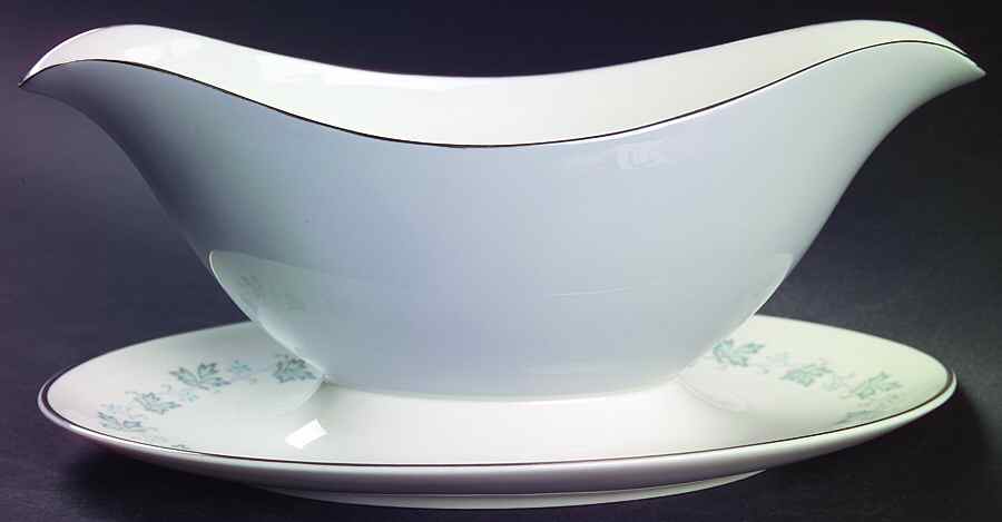 Lyric (H4948, Blue Leaves on Rim) Gravy Boat with Attached Underplate by Royal Doulton-1