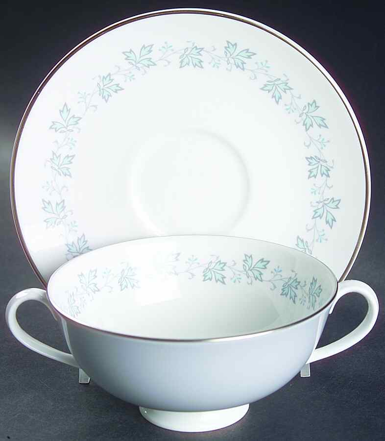 Lyric (H4948, Blue Leaves on Rim) Footed Cream Soup Bowl & Saucer Set by Royal Doulton-1