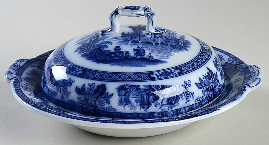 Madras (Flow Blue) Round Covered Butter with Strainer by Royal Doulton-1