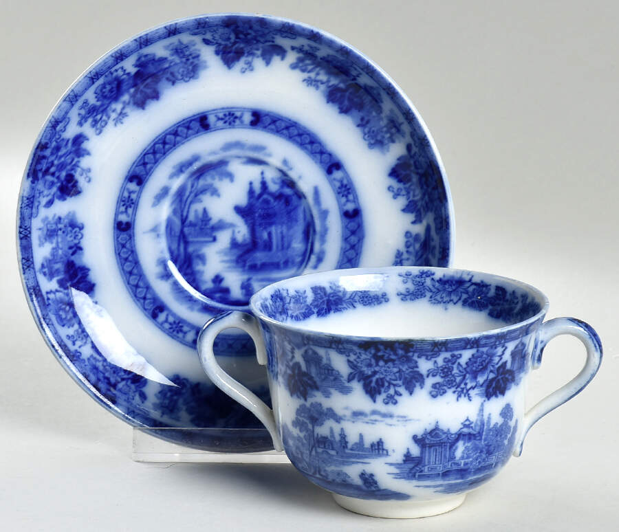 Madras (Flow Blue) Flat Bouillon Cup & Saucer by Royal Doulton-1
