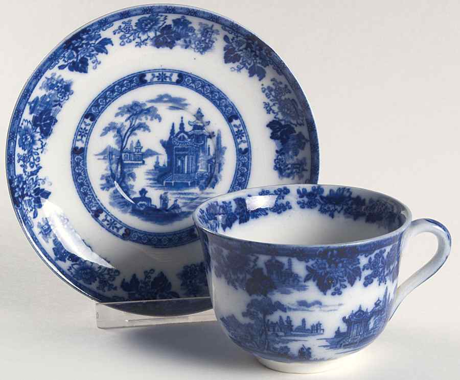 Madras (Flow Blue) Flat Cup & Saucer Set by Royal Doulton-1