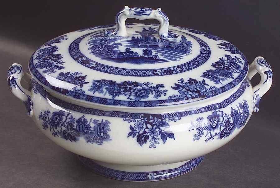 Madras (Flow Blue) Round Covered Vegetable by Royal Doulton-1