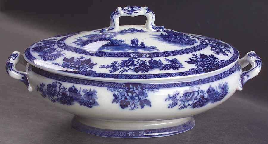 Madras (Flow Blue) Oval Covered Vegetable by Royal Doulton-1