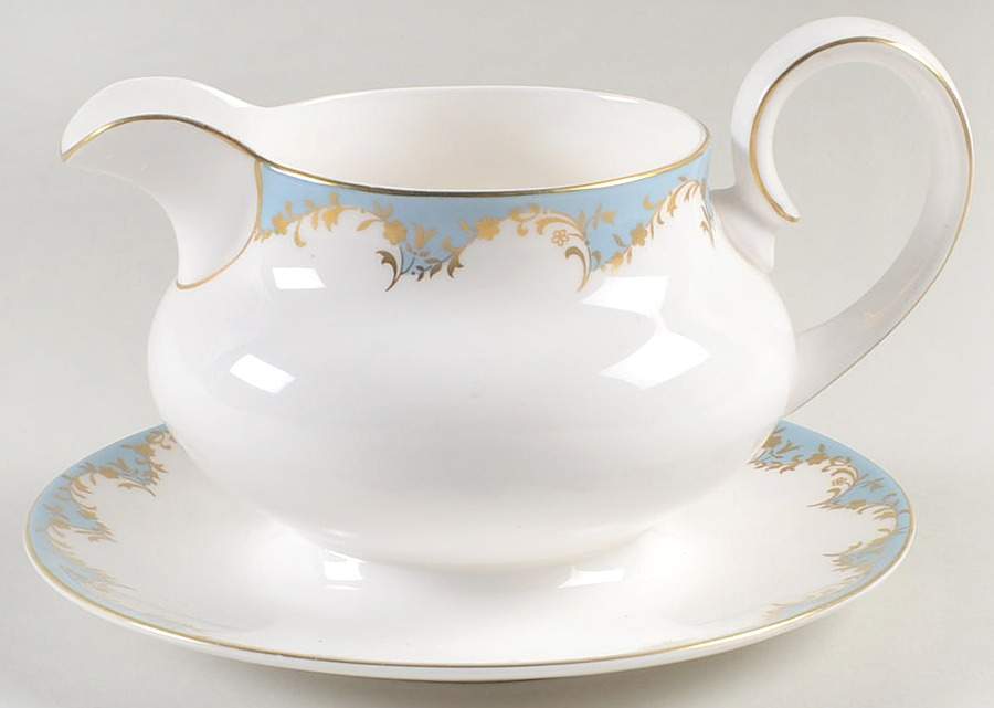 Marlborough Light Blue Gravy Boat with Attached Underplate by Royal Doulton-1