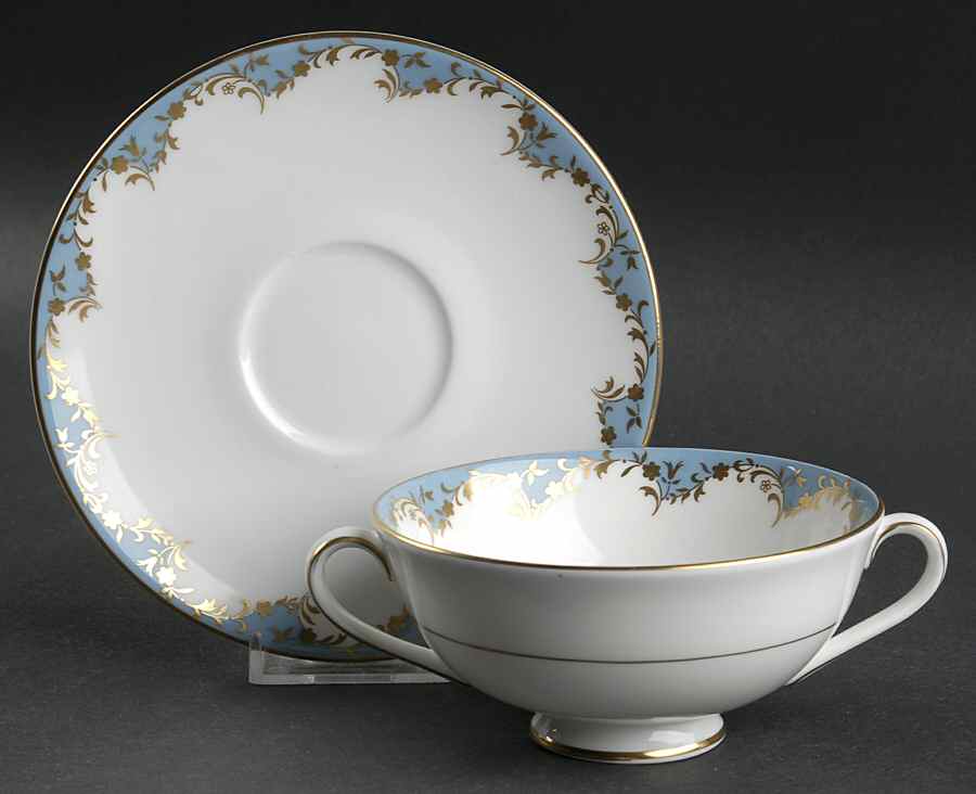 Marlborough Light Blue Footed Cream Soup Bowl & Saucer Set by Royal Doulton-1