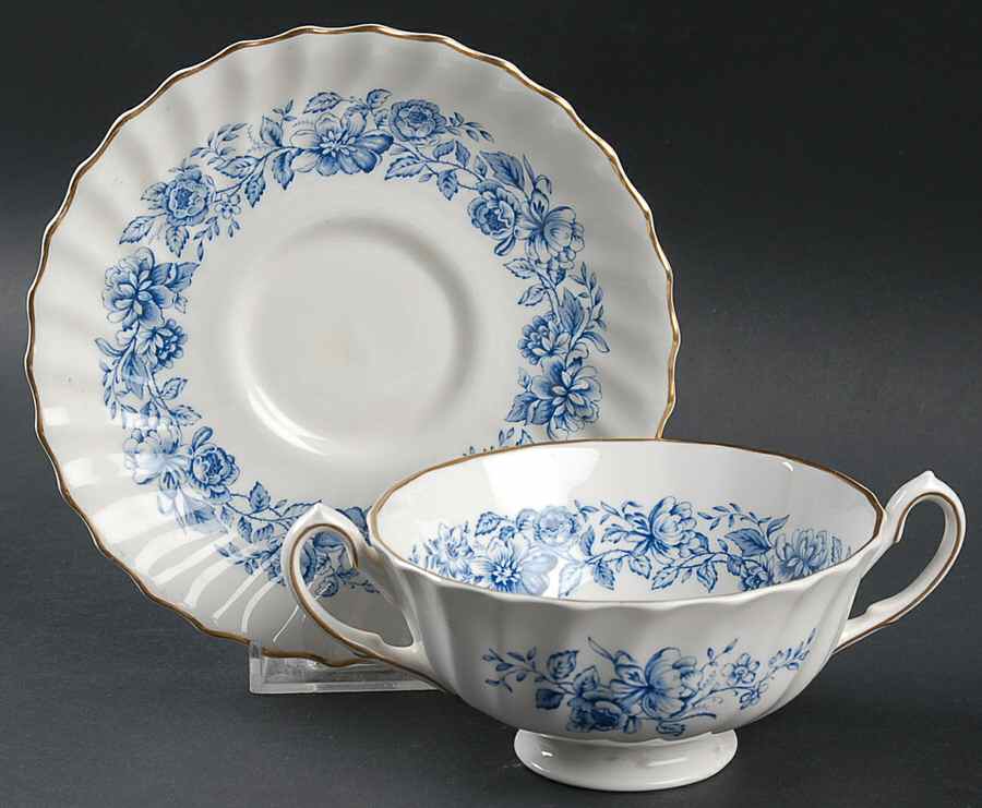Mayfair Blue Footed Cream Soup Bowl & Saucer Set by Royal Doulton-1