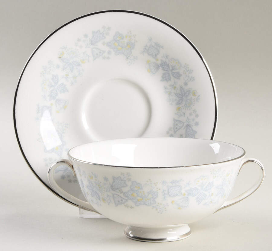 Meadow Mist Footed Cream Soup Bowl & Cup Saucer Set by Royal Doulton-1