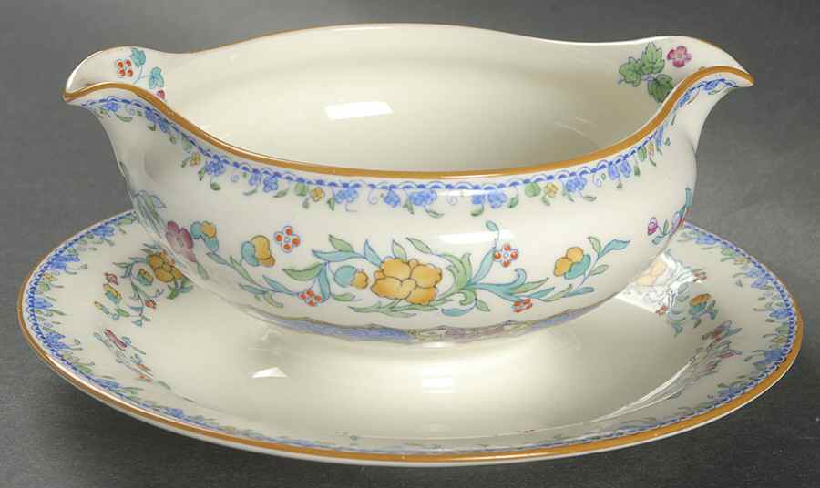 Morella Blue (H2878, Dark Cream Background) Gravy Boat with Attached Underplate by Royal Doulton-1