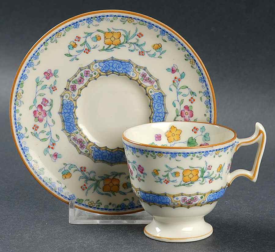 Morella Blue (H2878, Dark Cream Background) Footed Demitasse Cup & Saucer Set by Royal Doulton-1